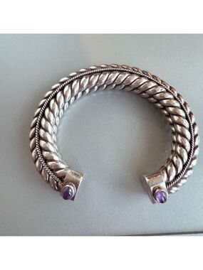 Suarti Bali BA Sterling Silver 925 Amethyst Cabochon HEAVY Cuff Bracelet